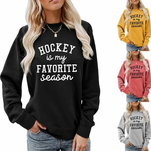 Dames Casual Katoenmix Sweatshirt Hockey Is My Favorite Season Letterprint Ronde Hals Lange Mouw Top