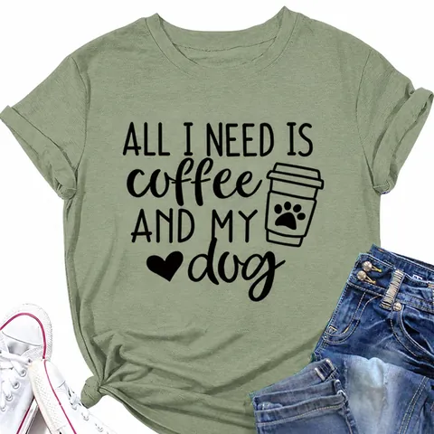 Women's Casual Cotton Blend Printed T-Shirt Short Sleeve Loose Top All I Need Is Coffee And My Dog Graphic Tee For Daily Wear