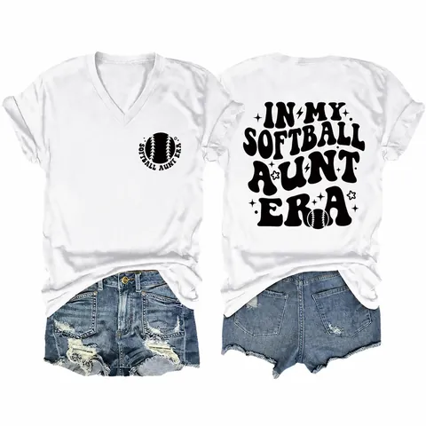 Damen Softball Aunt Era Casual V-Ausschnitt T-Shirt Kurzarm Baumwollmischung Bedrucktes Grafik Top Fashion Retro Shirt