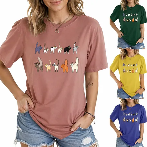 Maglietta Casual da Donna in Misto Cotone Divertente Stampa Gatti Cartoon Manica Corta Girocollo Top Comodo T-Shirt Larga