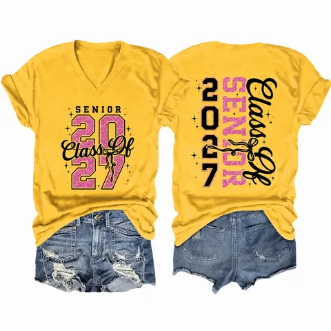 Women V-Neck Short Sleeve T-Shirt Senior Class of 2027 Graduation Theme Glitter Print Casual Cotton Blend Top
