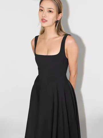 Damen Sexy Eckiger Ausschnitt Ärmellos Rückenfrei Midi Kleid Lässig Einfarbig Schlanke Passform A-Linie Sommerkleid