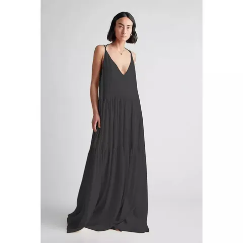 Damen Europa Sommer Lose Einfarbig Plissee Unregelmäßig Maxi Kleid Polyester Cami Strand Gestuftes Langes Kleid Damen