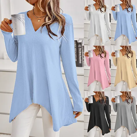 Damen Casual Gerippter Strickpullover V-Ausschnitt Langarm Top Unregelmäßiger Saum Lockere Passform Weicher Bequemer Warmer Pullover