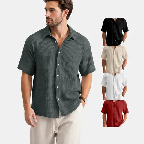 Damen Casual Kurzarm Hemd Lockere Passform Knitteroptik Texturiert Knopfleiste Top Reverskragen Einfarbig Atmungsaktiv Kleidung