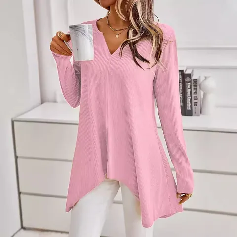 Damen Casual Gerippter Strickpullover V-Ausschnitt Langarm Top Unregelmäßiger Saum Lockere Passform Weicher Bequemer Warmer Pullover