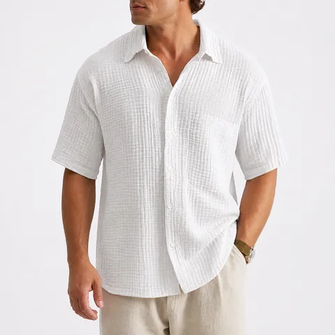 Damen Casual Kurzarm Hemd Lockere Passform Knitteroptik Texturiert Knopfleiste Top Reverskragen Einfarbig Atmungsaktiv Kleidung
