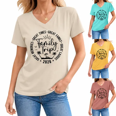 Family Trip 2026 Damen V-Ausschnitt Kurzarm T-Shirt Lockere Baumwollmischung Bedruckte Kokospalme Sonne Freizeit Urlaub Top