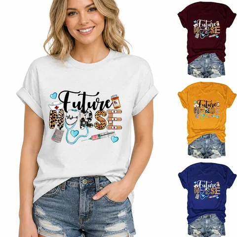 Women Casual Cotton Blend Future Nurse Graphic Printed T-Shirt Short Sleeve Round Neck Loose Top Fashion Leisure Tee