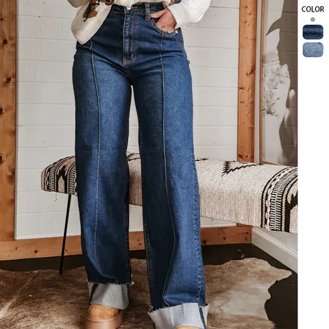 Vaqueros de Talle Alto Pata Ancha para Mujer Retro Dobladillo con Vuelta Costura Central Pantalones Denim Rectos Poliéster