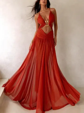 Damen Sexy Cut-out Halter Maxi Kleid Einfarbig Rückenfrei Urlaubs Kleid Mit Schlangen Metallschnalle Elegant Party Abendkleid