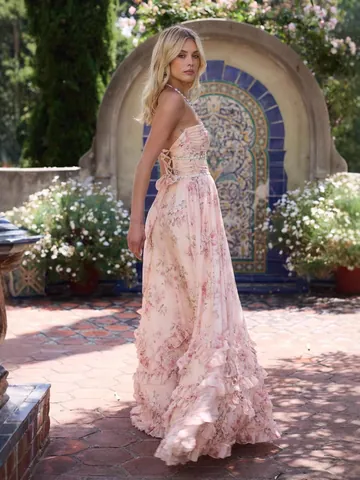 Damen Sexy Halfterhals Rückenfrei Blumendruck Maxi Kleid Strass Dekor Schlitz Saum Ärmellos Urlaub Party Kleid