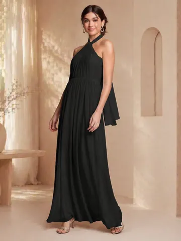 Damen Sexy Halter Plissiert Maxi Kleid Elegant Einfarbig Mehrweg Tragen High-End Prom Party Abend Langes Kleid