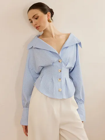 Damen Gestreift Revers Puffärmel Bluse Slim Fit Elegant Patchwork Polyester Langarm Top