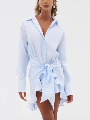 Women Slim Fit Polyester Shirt Dress With Tie Waist And Ruffle Hem Elegant Commuter Long Sleeve Lapel Mini Dress For Office Casual
