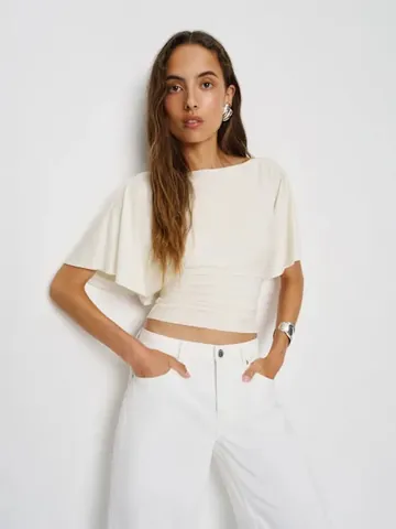 Camiseta de Poliéster Casual para Mujer Manga Corta Cuello Redondo Slim Fit Top con Mangas de Volantes y Lazo en la Espalda