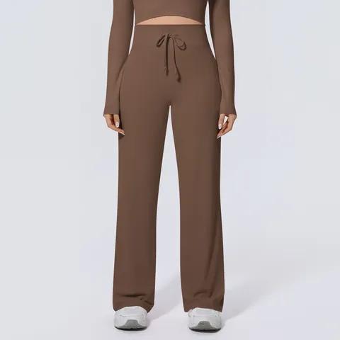 Damen Hohe Taille Weites Bein Yoga Hose Doppelseitiges Nylon Kordelzug Locker Lässig Sport Fitness Bottom