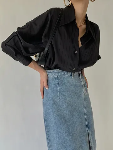 Damen High-End Gestreift Satin Hemd Elegant Langarm Bluse Lässig Büro Top Mode Knopf Vorne Binden Hemd