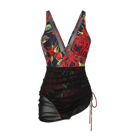Damen Sexy Einteiliger Badeanzug Rosenblumen Druck Mesh Nähte Monokini High End Strandbekleidung Hohe Elastizität Bauchkontrolle Bademode