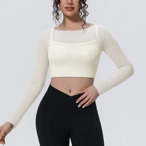 Women's Long Sleeve Yoga Top Mesh Stitching False Two Piece Breathable Slim Fit Cropped Fitness Running Gym Activewear Top