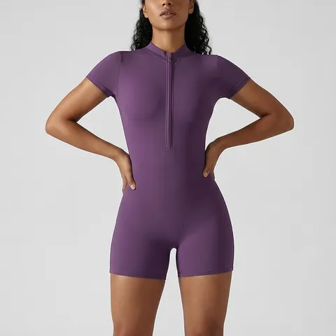 Women Short Sleeve Yoga Romper Slim Fit High Stretch Zipper Fitness Bodysuit Sports Running Gym Jumpsuit One Piece Outfit
