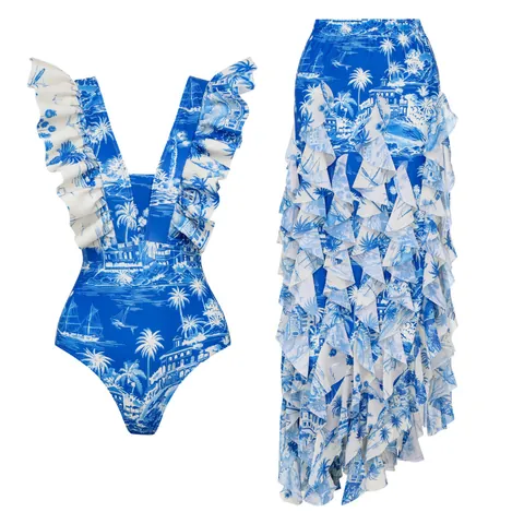 Women's Tropical Coconut Tree Print One-Piece Swimsuit Ruffled Deep V-Neck Swimwear With Matching Beach Skirt Set Plus Size