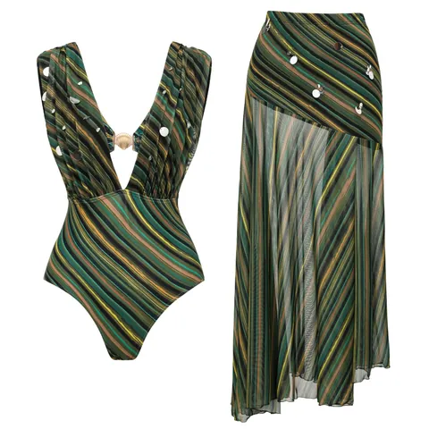 Women Contrast Striped One Piece Swimsuit With Mesh Skirt Sequin Deep V Neck One Piece Swimsuit Top And Bottom Beachwear