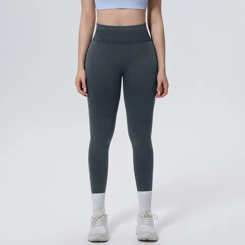 Pantalon de Yoga Sans Couture à Taille Haute pour Femmes Délavé Remonte-fesses Contrôle du Ventre Leggings de Fitness Course Gym