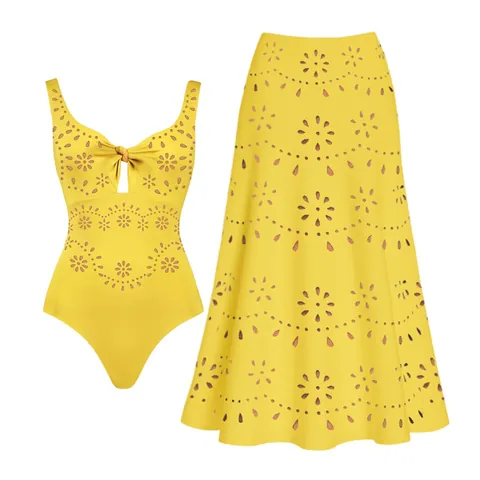 Women Plus Size One-Piece Swimsuit and Skirt Set Sexy Laser-Cut Eyelet Hollow-Out Slimming Beachwear Hot Spring Swimwear Set