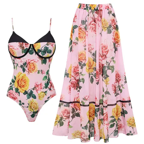 Dames Roze Rozenbloemen Print Eén Schouder Badepak Uit Eén Stuk Geplooid Slim Fit Badmode Top And Bottom Strand Vakantie Set