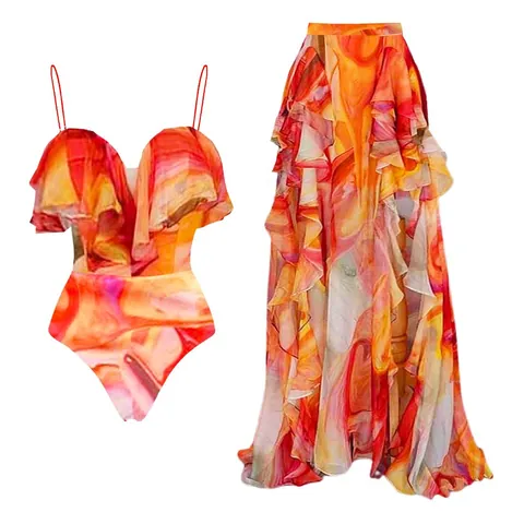 Women Ruffle One-Piece Swimsuit Beach Cover Up Skirt Set Abstract Print Sexy Vacation Swimwear High Cut Strapless Suit