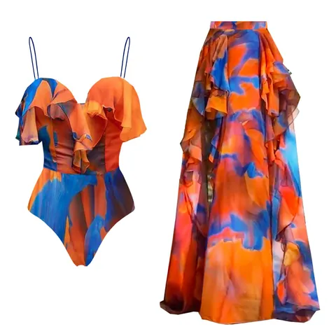 Dames Sexy Ruffle Eendelig Badpak Met Abstracte Print Strandrok Set Strapless Off Shoulder Badpak