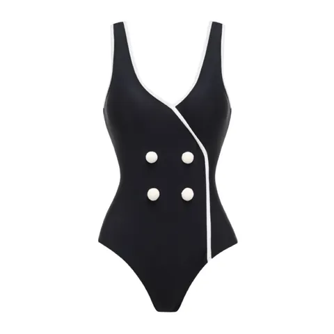 Damen Einteiliger Badeanzug mit Kontrastpaspeln Retro Knopf Dekor Schlankheits Badeanzug High Cut Schwarz Bademode