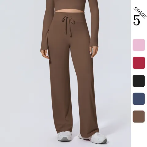 Damen Hohe Taille Weites Bein Yoga Hose Doppelseitiges Nylon Kordelzug Locker Lässig Sport Fitness Bottom