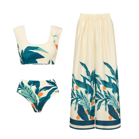 Women Tropical Leaf Print High Waist Bikini Set With Cover Up Pants Resort Style Three Piece Swimsuit Top And Bottom