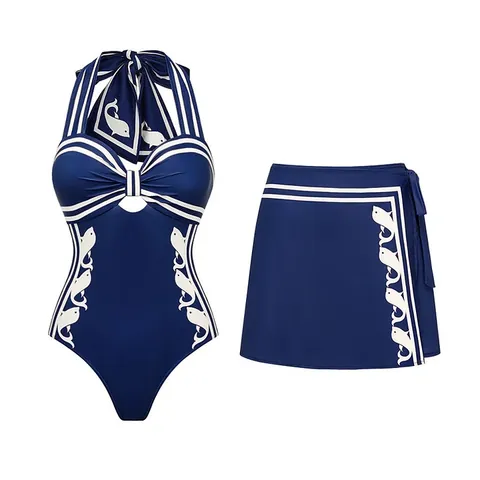 Maillot de Bain Une Pièce Dos Nu Femme Style Marine Ensemble Bikini Taille Haute Rayures Nautiques Avec Jupe de Plage
