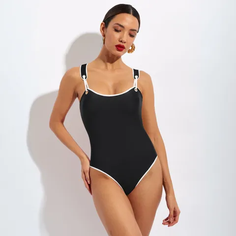 Damen Einteiliger Badeanzug mit Kontrastpaspeln Retro Knopf Dekor Schlankheits Badeanzug High Cut Schwarz Bademode