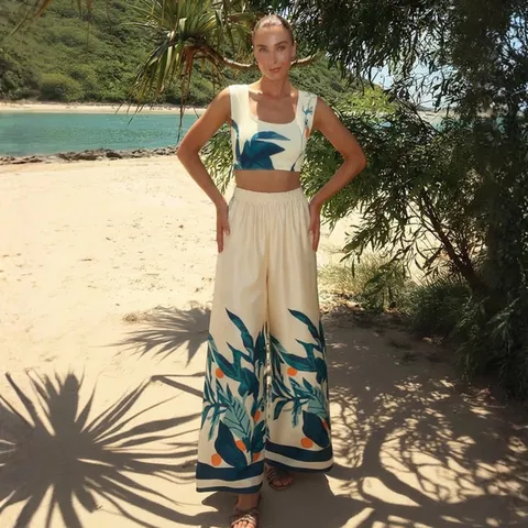 Women Tropical Leaf Print High Waist Bikini Set With Cover Up Pants Resort Style Three Piece Swimsuit Top And Bottom
