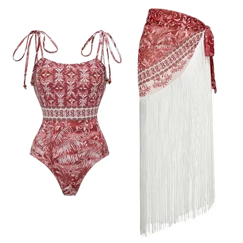 Women Ethnic Print Tassel One-Piece Swimsuit Top And Bottom Beachwear Set Bohemian Tropical Plant High Elastic Quick-Dry Swimwear