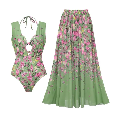 Conjunto de Traje de Baño de Una Pieza con Estampado Floral para Mujer con Falda de Gasa Escote en V Profundo Ropa de Playa Vacaciones Top And Bottom