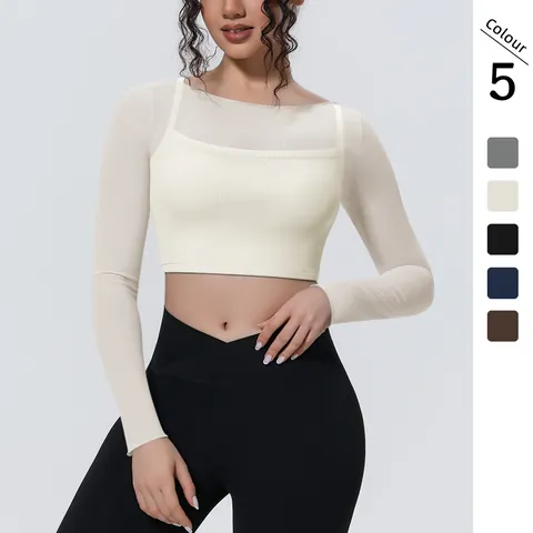 Women's Long Sleeve Yoga Top Mesh Stitching False Two Piece Breathable Slim Fit Cropped Fitness Running Gym Activewear Top