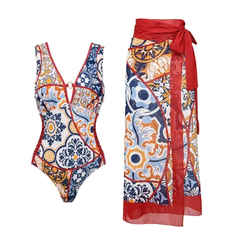Women's Ethnic Style V-Neck Majolica Tile Print One-Piece Swimsuit With Sarong Wrap Skirt Beach Top And Bottom Swimwear