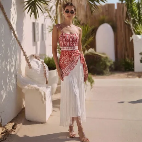 Women Ethnic Print Tassel One-Piece Swimsuit Top And Bottom Beachwear Set Bohemian Tropical Plant High Elastic Quick-Dry Swimwear