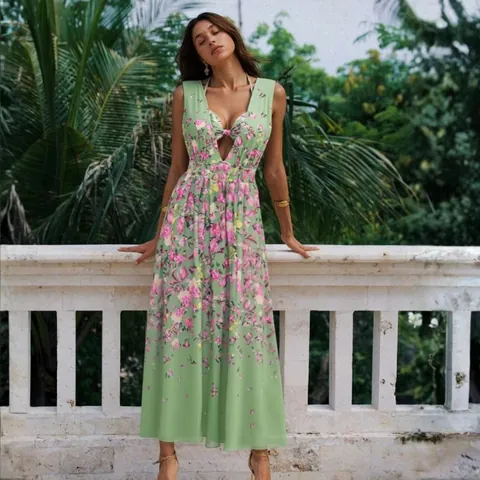 Conjunto de Traje de Baño de Una Pieza con Estampado Floral para Mujer con Falda de Gasa Escote en V Profundo Ropa de Playa Vacaciones Top And Bottom