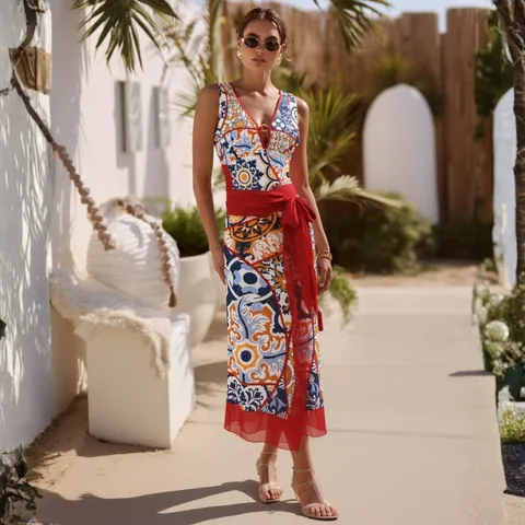 Women's Ethnic Style V-Neck Majolica Tile Print One-Piece Swimsuit With Sarong Wrap Skirt Beach Top And Bottom Swimwear