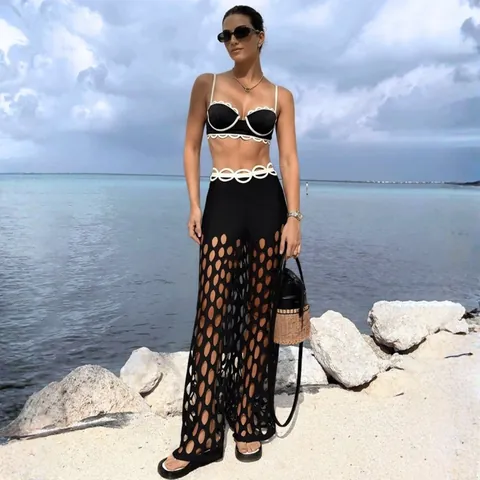 Dames Sexy Zwarte Badpak Uit Eén Stuk Met Opengewerkte Strandbroek Gegolfde Bies V-Hals Zwemkleding Top And Bottom Set 29469