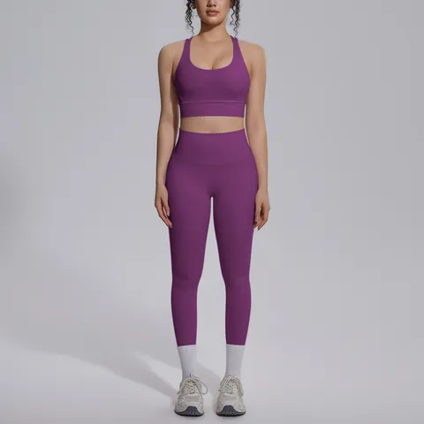 Women Seamless Yoga Outfit Top And Bottom Cross Back Sports Bra High Waist Leggings Naked Feel Gym Workout Activewear