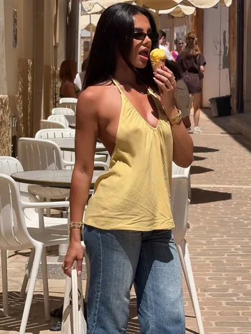 Top da Donna Sexy con Scollo a V Profondo all'Americana Schiena Scoperta Tinta Unita in Rayon Elastan Senza Maniche Street Style Hot Girl