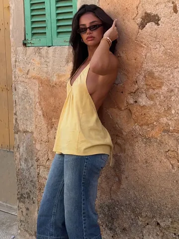 Top da Donna Sexy con Scollo a V Profondo all'Americana Schiena Scoperta Tinta Unita in Rayon Elastan Senza Maniche Street Style Hot Girl