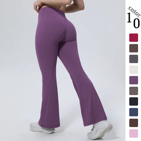 Women High Waist Flared Yoga Pants Butt Lifting Breathable Solid Color Nylon Spandex Slim Fit Sports Leggings Flare Bottom
